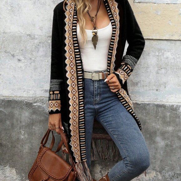 Black Casual Women's Geometric Long Cardigan - Picture 5 of 6